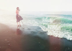 Rule 34 | 1girl, barefoot, beach, black hair, black skirt, bracelet, cloud, cloudy sky, day, footprints, from side, hair over face, jewelry, long hair, looking to the side, ocean, original, outdoors, red shirt, reflection, shirt, signature, skirt, sky, solo, stick, surf, tamaki (tamaki illust), walking, water drop, wind