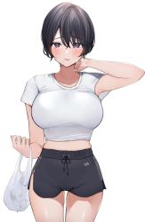 Rule 34 | 1girl, absurdres, armpits, bag, beer can, black hair, black shorts, blush, bra visible through clothes, breasts, can, cowboy shot, crop top, dolphin shorts, drink can, embarrassed, hand on own neck, highres, holding, holding bag, large breasts, looking at viewer, midriff, mole, mole on arm, mole on neck, mole on thigh, mole under eye, mole under mouth, oji fuguri, open mouth, original, plastic bag, purple eyes, shirt, short hair, short shorts, short sleeves, shorts, side slit, simple background, skindentation, solo, straight-on, sweat, t-shirt, white background, white shirt