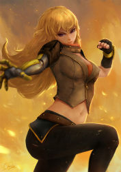 Rule 34 | 1girl, :|, artist name, black pants, blonde hair, breasts, cheesewoo, clenched hand, closed mouth, fingerless gloves, gloves, long hair, medium breasts, midriff, navel, pants, partially unzipped, purple eyes, rwby, signature, solo, stomach, yang xiao long, yellow theme, zipper