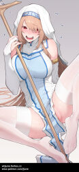 Rule 34 | 1girl, blush, breasts, brown hair, commentary, copyright request, dress, elbow gloves, flying sweatdrops, gloves, grey background, habit, highres, holding, holding staff, jjune, knees out of frame, large breasts, long hair, looking at viewer, no shoes, pelvic curtain, red eyes, simple background, sitting, solo, spread legs, staff, sweat, thighhighs, very long hair, watermark, web address, white dress, white gloves, white thighhighs