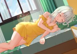 Rule 34 | 1girl, bed, breasts, cleavage, closed eyes, curtains, day, drooling, facing viewer, feet out of frame, highres, indoors, lens flare, long hair, lying, medium breasts, on side, original, pajamas, pillow, solo, white hair, window, xiaoshuijing, yellow pajamas