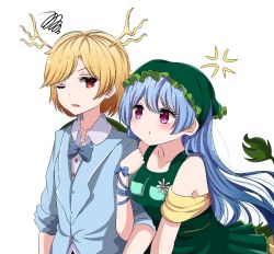 Rule 34 | 2girls, :t, adapted costume, anger vein, antlers, arm hug, bad id, bad pixiv id, bare shoulders, blonde hair, blue bow, blue hair, blue neckwear, blue ribbon, blue suit, blush, bow, bowtie, breast pocket, breasts, commentary, dragon horns, dress, flower, formal, green dress, haniyasushin keiki, head scarf, horns, kicchou yachie, long hair, long sleeves, looking at another, medium breasts, multiple girls, one eye closed, pocket, purple eyes, red eyes, ribbon, short hair, simple background, squiggle, suit, swept bangs, symbol-only commentary, touhou, upper body, v-shaped eyebrows, very long hair, white background, wrist ribbon, yukome, yuri