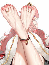 Rule 34 | 1girl, ankle bell, ankle strap, bare shoulders, barefoot, bell, cherry blossom print, crossed ankles, feet, feet up, floral print, foot focus, from behind, genshin impact, hair ornament, japanese clothes, jewelry, jingle bell, legs, long hair, looking at viewer, looking back, lying, nail polish, on stomach, pink hair, pink nails, purple eyes, shiny skin, solo, the pose, toe ring, toenail polish, toenails, toes, very long hair, wd (1106592840), wet, white background, yae miko