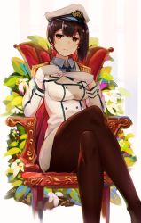 Rule 34 | 1girl, absurdres, admiral (kancolle), admiral (kancolle) (cosplay), anchor symbol, armchair, breasts, brown eyes, brown hair, brown pantyhose, chair, cosplay, crossed legs, earrings, epaulettes, flower, gloves, hat, highres, jewelry, kaga (kancolle), kantai collection, long hair, military, military hat, military uniform, naval uniform, orange eyes, pantyhose, peaked cap, purple hair, side ponytail, sitting, skirt, solo, throne, uniform, white gloves, yamano (yamanoh)