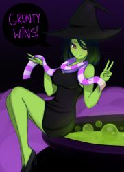 Rule 34 | 1girl, bad end, banjo-kazooie, black dress, black hair, breasts, bubble, cauldron, colored skin, deviantartkofwea, dress, green skin, gruntilda winkybunion, hat, high heels, large breasts, looking at viewer, open mouth, red eyes, scarf, short hair, smile, v, victory pose, witch hat