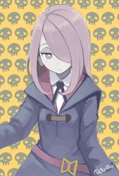 Rule 34 | 10s, 1girl, artist name, bad id, bad pixiv id, commentary request, dress, hair over one eye, highres, little witch academia, long hair, long sleeves, purple eyes, purple hair, retorillo, solo, sucy manbavaran, upper body, yellow background