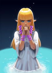 Rule 34 | 1girl, blonde hair, blue eyes, blunt bangs, dress, eyebrows, hair ribbon, hime cut, lips, long hair, mella, nintendo, nose, own hands clasped, own hands together, pointy ears, praying, princess zelda, ribbon, solo, the legend of zelda, the legend of zelda: skyward sword, wading, water, white dress