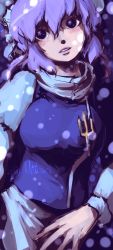 Rule 34 | 1girl, breasts, character name, female focus, lapel pin, large breasts, letty whiterock, lips, oso (toolate), purple eyes, purple hair, short hair, snow, solo, touhou