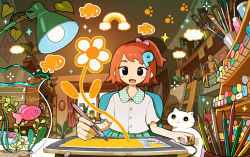 Rule 34 | 1girl, absurdres, black eyes, brown hair, cat, comiket, comiket 100, curtains, drawing tablet, fish, fishbowl, flower, highres, holding, holding stylus, indoors, lamp, looking at viewer, mouse (computer), notebook, open mouth, pink flower, plant, potted plant, shadow, shelf, shirt, short hair, short sleeves, sitting, smile, solo, stylus, tao (tao15102), underwater, vase, water, white cat, white shirt, wind