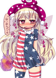 Rule 34 | 1girl, alternate legwear, american flag dress, american flag legwear, blonde hair, blush, clownpiece, dress, hat, heart, heart-shaped pupils, jester cap, long hair, looking at viewer, muuba, open mouth, print dress, pussy juice, pussy juice trail, red eyes, short dress, short sleeves, simple background, solo, striped clothes, striped dress, striped thighhighs, sweat, symbol-shaped pupils, thighhighs, torch, touhou, translation request, very long hair, zettai ryouiki