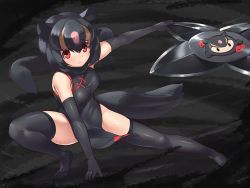 Rule 34 | 1girl, animal ears, bare shoulders, black dress, black footwear, black gloves, black hair, black scarf, black thighhighs, breasts, brown hair, character request, china dress, chinese clothes, dress, elbow gloves, full body, fuuma shuriken, gloves, hair between eyes, highres, kemono friends, looking at viewer, medium breasts, multicolored hair, pink hair, red eyes, scarf, shoes, shuriken, solo, streaked hair, tadano magu, tail, thighhighs, weapon