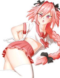Rule 34 | 1boy, absurdres, arms behind back, astolfo (fate), bdsm, black bow, blush, bondage, bound, bound wrists, bow, braid, braided ponytail, collarbone, crop top, fate/apocrypha, fate/grand order, fate (series), feet out of frame, frostyneko, gluteal fold, hair bow, highres, long hair, looking at viewer, lying, midriff, navel, nude, on side, open mouth, pink eyes, pink hair, pleated skirt, red skirt, ribbon, school uniform, serafuku, shirt, short sleeves, simple background, single braid, skirt, sweat, sweatdrop, thighhighs, thighs, trap, very long hair, white background, white shirt, white thighhighs