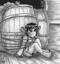 Rule 34 | barefoot, barrel, black eyes, black hair, bound, bound arms, claws, cloth gag, dress, freckles, furry, gag, gagged, highres, improvised gag, over the nose gag, pointy ears, rope, shabazik, thighs, tunic