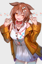 Rule 34 | 1girl, ;d, absurdres, animal ears, bare shoulders, blush, bone hair ornament, braid, breasts, brown eyes, brown hair, brown jacket, cartoon bone, collar, commentary request, dog ears, dress, grey background, hair between eyes, hair ornament, hair over shoulder, hands up, highres, hololive, index fingers raised, inugami korone, inugami korone (1st costume), jacket, long sleeves, looking at viewer, medium breasts, off shoulder, one eye closed, open clothes, open jacket, open mouth, red collar, simple background, sleeveless, sleeveless dress, smile, solo, standing, tarbo (exxxpiation), twin braids, virtual youtuber, white dress