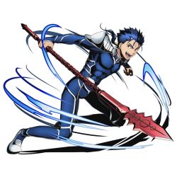 Rule 34 | 10s, 1boy, armor, blue hair, bodysuit, cu chulainn (fate), divine gate, fate/stay night, fate (series), floating hair, full body, gae bolg (fate), holding, holding weapon, cu chulainn (fate/stay night), long hair, looking at viewer, male focus, official art, open mouth, polearm, ponytail, red eyes, shadow, shoulder armor, solo, pauldrons, spear, transparent background, ucmm, weapon