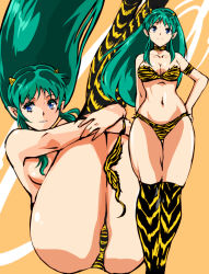 Rule 34 | 1girl, animal print, ass, bare shoulders, bikini, blue eyes, breasts, choker, closed mouth, collarbone, commentary request, green hair, hair over breasts, hand on own hip, horns, kamisimo 90, legs up, long hair, looking at viewer, lum, multiple views, navel, parted lips, presenting, print bikini, print legwear, smile, swimsuit, thighhighs, thighs, tiger print, urusei yatsura, yellow bikini