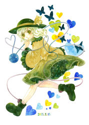 Rule 34 | 1girl, bow, bug, butterfly, from side, green eyes, green hair, hat, hat bow, heart, heart of string, bug, komeiji koishi, matching hair/eyes, shiroma (mamiko), solo, third eye, touhou