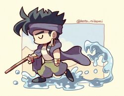 Rule 34 | 1boy, black hair, cane, cape, chibi, chibi only, closed eyes, from side, full body, gold bracelet, green pants, holding, holding cane, jojo no kimyou na bouken, kotorai, male focus, n&#039;doul, no mouth, pants, purple cape, shirt, sideburns, solo, thick eyebrows, twitter username, walking, water, white shirt