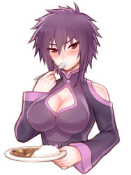 Rule 34 | 10s, 1girl, bad id, bad pixiv id, bare shoulders, breasts, cleavage, cleavage cutout, clothing cutout, curry, curry rice, eating, folks (nabokof), food, large breasts, liebert, looking at viewer, majin bone, purple hair, red eyes, rice, short hair, simple background, solo, spoon, white background