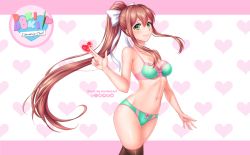 Rule 34 | 1girl, artist name, bare arms, bare shoulders, between fingers, black thighhighs, bow, bow bra, bow panties, bra, breasts, burbur, collarbone, commentary, cowboy shot, doki doki literature club, english commentary, green eyes, hair between eyes, hair ribbon, heart, heart background, holding, lingerie, logo, long hair, looking at viewer, medium breasts, monika (doki doki literature club), navel, panties, ponytail, ribbon, sidelocks, smile, solo, stomach, thighhighs, underwear, underwear only, very long hair, white ribbon