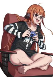 Rule 34 | 1girl, barefoot, black shirt, brown hair, controller, crossed legs, game controller, glasses, headphones, highres, holding, holding controller, holding game controller, long hair, open mouth, orange hair, persona, persona 5, s-m-53413, sakura futaba, shirt, shirt under shirt, sitting, smile, solo, striped clothes, striped shirt, white background