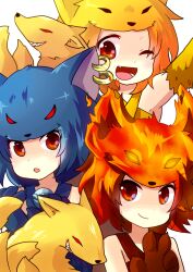 Rule 34 | 3girls, :o, ;d, animal hands, animal hat, arm up, bare shoulders, bell, blonde hair, blue hair, blue headwear, cat o&#039; nine tails (ragnarok online), claws, closed mouth, criss-cross halter, eyes visible through hair, fang, fire, firefox (ragnarok online), fox, fox girl, fox hat, halterneck, hand up, hands up, hat, jingle bell, kazuneko (pixiv11958023), kitsune, looking at viewer, moonlight flower, multiple girls, neck bell, nine tail (ragnarok online), one eye closed, open mouth, orange eyes, piercing, ragnarok online, red hair, red headwear, short hair, smile, traditional youkai, yellow headwear