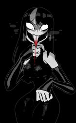 Rule 34 | 1girl, :d, bare shoulders, black background, black dress, blood, blood from mouth, breasts, buck teeth, cowboy shot, dark, detached sleeves, dress, evil grin, evil smile, grin, highres, large breasts, long dress, long hair, long sleeves, looking at viewer, multicolored hair, noss (rariatto), open mouth, original, rariatto (ganguri), sanpaku, simple background, smile, solo, standing, streaked hair, teeth, vampire