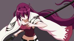 1girl alternate_hairstyle breasts cleavage highres japanese_clothes large_breasts legs long_hair midriff navel open_clothes pants pixel_art purple_hair red_eyes shirt sleeveless sleeveless_shirt smile solo sword thighs unbuttoned under_night_in-birth unzipped very_long_hair weapon yuzuriha_(under_night_in-birth)