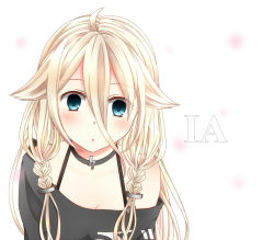Rule 34 | 1girl, ahoge, bare shoulders, blonde hair, blue eyes, braid, character name, choker, face, highres, ia (vocaloid), long hair, looking at viewer, off shoulder, open mouth, solo, twin braids, vocaloid, yukina yotsuba