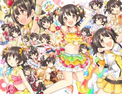 Rule 34 | 1girl, akagi miria, animal ears, ayami (ayanoayanosuke), black hair, brown eyes, commentary request, costume, closed eyes, gloves, hat, idolmaster, idolmaster cinderella girls, idolmaster cinderella girls starlight stage, jacket, maid headdress, midriff, mini hat, mini top hat, morina nao, multiple persona, navel, open mouth, outstretched arm, outstretched hand, pikapikapop, raccoon ears, raccoon tail, short hair, skirt, striped, tail, tanuki, thighhighs, top hat, twintails, two side up, white gloves