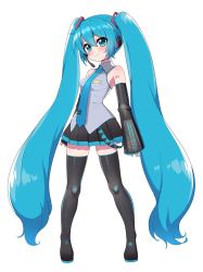 Rule 34 | 1girl, aqua eyes, aqua hair, aqua necktie, black footwear, black sleeves, black thighhighs, blouse, boots, closed mouth, collared shirt, commentary request, detached sleeves, full body, grey shirt, hair ornament, hatsune miku, headphones, headset, highres, long hair, looking at viewer, miniskirt, necktie, pleated skirt, ransusan, shirt, shoulder tattoo, simple background, skirt, sleeveless, sleeveless shirt, smile, solo, standing, tattoo, thigh boots, thighhighs, twintails, very long hair, vocaloid, white background, wing collar