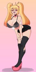 Rule 34 | 1girl, :d, absurdres, arched back, asymmetrical legwear, black bra, black skirt, black thighhighs, blonde hair, blush, borrowed character, bra, breasts, choker, collarbone, crop top, doce, earrings, female focus, full body, gradient background, gradient hair, half-closed eyes, heart, heels, highres, jewelry, large breasts, leaning forward, looking at viewer, multicolored hair, open mouth, original, pink eyes, pink footwear, see-through, see-through shirt, shadow, shirt, skirt, smile, solo, thighhighs, tied shirt, torn clothes, torn thighhighs, twintails, underwear, uneven legwear