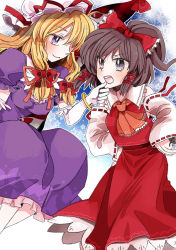 Rule 34 | 2girls, angry, ascot, blonde hair, bow, bracelet, braid, breasts, brown eyes, brown hair, bug, butterfly, detached sleeves, dress, elbow gloves, female focus, gap (touhou), gloves, grabbing another&#039;s chin, hair bow, hair ribbon, hakurei reimu, hand on another&#039;s chin, hands on own hips, hat, insect, japanese clothes, jewelry, long hair, looking at another, medium breasts, miko, multiple girls, open mouth, pokka, purple eyes, ribbon, short hair, skirt, smile, snowflakes, star (symbol), touhou, twin braids, vest, white gloves, yakumo yukari