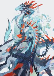Rule 34 | animal focus, blue eyes, claws, commission, dragon, feet out of frame, fins, from side, grey background, haku (shirogane), head fins, highres, horn ornament, horn ribbon, horns, hydrokinesis, looking at viewer, looking back, multicolored eyes, multiple tails, no humans, orange eyes, original, ribbon, scales, signature, simple background, skeb commission, slit pupils, solo, spikes, tail, water, water drop