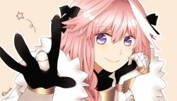 Rule 34 | 1boy, artist name, astolfo (fate), braid, commentary request, fate/apocrypha, fate (series), gauntlets, hair ribbon, long hair, looking at viewer, male focus, pink hair, purple eyes, ribbon, single braid, smile, solo, srnk, star (symbol), translated, trap