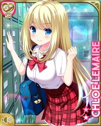 Rule 34 | 1girl, blonde hair, blue eyes, bow, card, character name, chloe lemaire, closed mouth, day, girlfriend (kari), indoors, long hair, official art, plaid, plaid skirt, qp:flapper, rain, red bow, red neckwear, red skirt, school, school uniform, shirt, skirt, smile, solo, tagme, white shirt