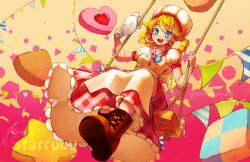 Rule 34 | 1girl, apron, artist name, blonde hair, blue eyes, boots, braid, brown footwear, chef hat, cookie, earrings, flag, food, hat, heart-shaped cookie, highres, jewelry, looking at viewer, mario (series), neckerchief, nintendo, official alternate costume, open mouth, pastry bag, patissiere peach, pink neckerchief, princess peach, princess peach: showtime!, solo, sphere earrings, star-shaped cookie, star-shaped food, star (symbol), starrubystudio, swing set, teeth, upper teeth only, watermark, white apron