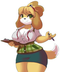 Rule 34 | 1girl, :3, animal crossing, animal ears, bell, blonde hair, blue skirt, blush stickers, breasts, cleavage, clipboard, closed mouth, collarbone, covered erect nipples, cowboy shot, dog ears, dog girl, dog tail, female focus, furry, furry female, green eyes, green vest, hair bell, hair ornament, hair tie, hands up, happy, highres, holding, isabelle (animal crossing), jingle bell, large breasts, legs together, miniskirt, neck ribbon, nintendo, pen, pencil skirt, pinky out, plaid, plaid vest, red ribbon, ribbon, shinsuke, shirt, short hair, short sleeves, simple background, skirt, smile, solo, standing, tail, thick thighs, thighs, topknot, unbuttoned, vest, white background, white shirt, wide hips