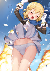Rule 34 | 1girl, azur lane, blonde hair, blue cape, blush, bow, bow panties, cameltoe, cape, closed eyes, clothes lift, commission, double bun, explosion, from behind, gloves, hair bun, hardy (azur lane), long sleeves, navel, open mouth, panties, panty focus, pleated skirt, skeb commission, skirt, skirt lift, solo, standing, torimaru, torn clothes, underwear, white gloves, white panties, wind, wind lift