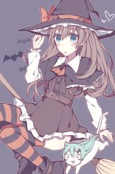 Rule 34 | 10s, 1girl, alternate costume, animalization, aqua eyes, aqua hair, ascot, bad anatomy, belt, bow, brown hair, cat, costume, dress, hair ornament, hairclip, halloween, heart, kantai collection, kumano (kancolle), kvlen, long hair, open mouth, smile, striped clothes, striped thighhighs, suzuya (kancolle), thighhighs, triangle mouth, witch