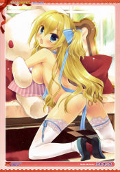 Rule 34 | 1girl, :o, absurdres, ass, blonde hair, blue eyes, breasts, censored, chair, convenient censoring, hugging doll, highres, kneeling, lace, lace-trimmed legwear, lace trim, large breasts, legs, long hair, miyasu risa, nude, hugging object, ribbon, solo, source request, stuffed animal, stuffed rabbit, stuffed toy, thighhighs, white thighhighs