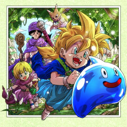 Rule 34 | 1girl, 2boys, black hair, blonde hair, blue eyes, blue sky, bracelet, brother and sister, cape, child, cloud, cloudy sky, dragon quest, dragon quest v, father and daughter, father and son, full body, hatiware12, hero&#039;s daughter (dq5), hero&#039;s son (dq5), hero (dq5), holding, jewelry, long hair, low ponytail, multiple boys, outdoors, running, siblings, sky, slime (dragon quest), small fry (dragon quest), toriyama akira (style), tree, turban