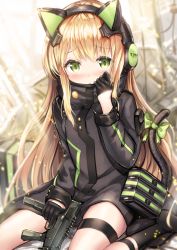 Rule 34 | 1girl, animal ears, black gloves, black legwear, blonde hair, blush, cat ears, cat tail, character name, commentary request, embarrassed, fake animal ears, girls&#039; frontline, gloves, gun, hair between eyes, half gloves, headphones, holding, holding weapon, long hair, looking at viewer, open mouth, ribbon, sakura ani, sitting, solo, tail, tail ornament, tail ribbon, thigh strap, tmp (girls&#039; frontline), weapon