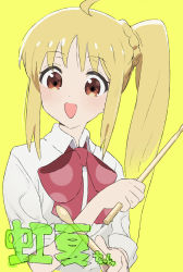 Rule 34 | 1girl, :d, blonde hair, bocchi the rock!, bow, brown eyes, collared shirt, drumsticks, holding, holding drumsticks, ijichi nijika, long hair, moudoku (decopon3rd), open mouth, red bow, school uniform, shirt, side ponytail, sidelocks, simple background, smile, solo, upper body, white shirt, yellow background