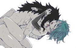 Rule 34 | 1boy, 1girl, arms around another&#039;s neck, black hair, blue hair, breasts, couple, detached sleeves, closed eyes, fairy tail, fingerless gloves, gajeel redfox, gloves, hand on another&#039;s head, hetero, hug, leg lock, levy mcgarden, licking, monochrome, nude, open mouth, petite, rusky, scar, sex, short hair, small breasts, spot color, straddling, sweat, thighs, upright straddle, vaginal, white background