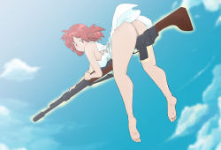 Rule 34 | 1girl, anus, ass, barefoot, blush, breasts, cloud, day, feet, flying, gun, highres, izetta, large breasts, looking at viewer, looking back, no panties, pussy, pussy juice, red eyes, red hair, rifle, shuumatsu no izetta, sky, smile, soles, solo, toes, uncensored, weapon, witch
