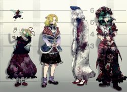 Rule 34 | 4girls, absurdres, arm warmers, bad id, bad pixiv id, blonde hair, blood, blood on clothes, bow, braid, doll joints, earrings, fingernails, front ponytail, gas mask, gradient background, green eyes, green hair, grey eyes, hair bow, hair ribbon, hat, height chart, high heels, highres, jewelry, joints, kagiyama hina, long hair, mary janes, mask, medicine melancholy, mizuhashi parsee, multiple girls, nail polish, pale skin, pointy ears, puffy short sleeves, puffy sleeves, red eyes, ribbon, sarin (miasma), scarf, sharp fingernails, shoes, short sleeves, silver hair, skirt, striped, striped background, su-san, tongue, tongue out, touhou, very long hair, wings, yagokoro eirin