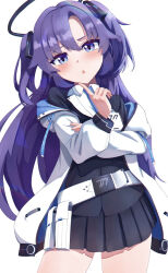 Rule 34 | 1girl, black skirt, blue archive, blue eyes, blue necktie, blush, collared shirt, cowboy shot, halo, highres, id card, long hair, long sleeves, looking at viewer, mechanical halo, mixjuice, necktie, open mouth, pleated skirt, purple hair, shirt, simple background, skirt, solo, white background, white shirt, yuuka (blue archive)