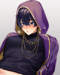 Rule 34 | 1boy, blue eyes, blush, censored, chain, clothes, commission, cropped, earrings, highres, hood, indie virtual youtuber, jewelry, long sleeves, male focus, pinchi, purple hair, short hair, shoto (vtuber), skeb commission, solo, virtual youtuber, yaoi