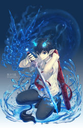 Rule 34 | 1boy, ao no exorcist, flaming sword, flaming weapon, full body, gradient background, highres, holding, holding sword, holding weapon, kaze-hime, kneeling, male focus, okumura rin, on one knee, pointy ears, solo, sword, water, weapon, white background